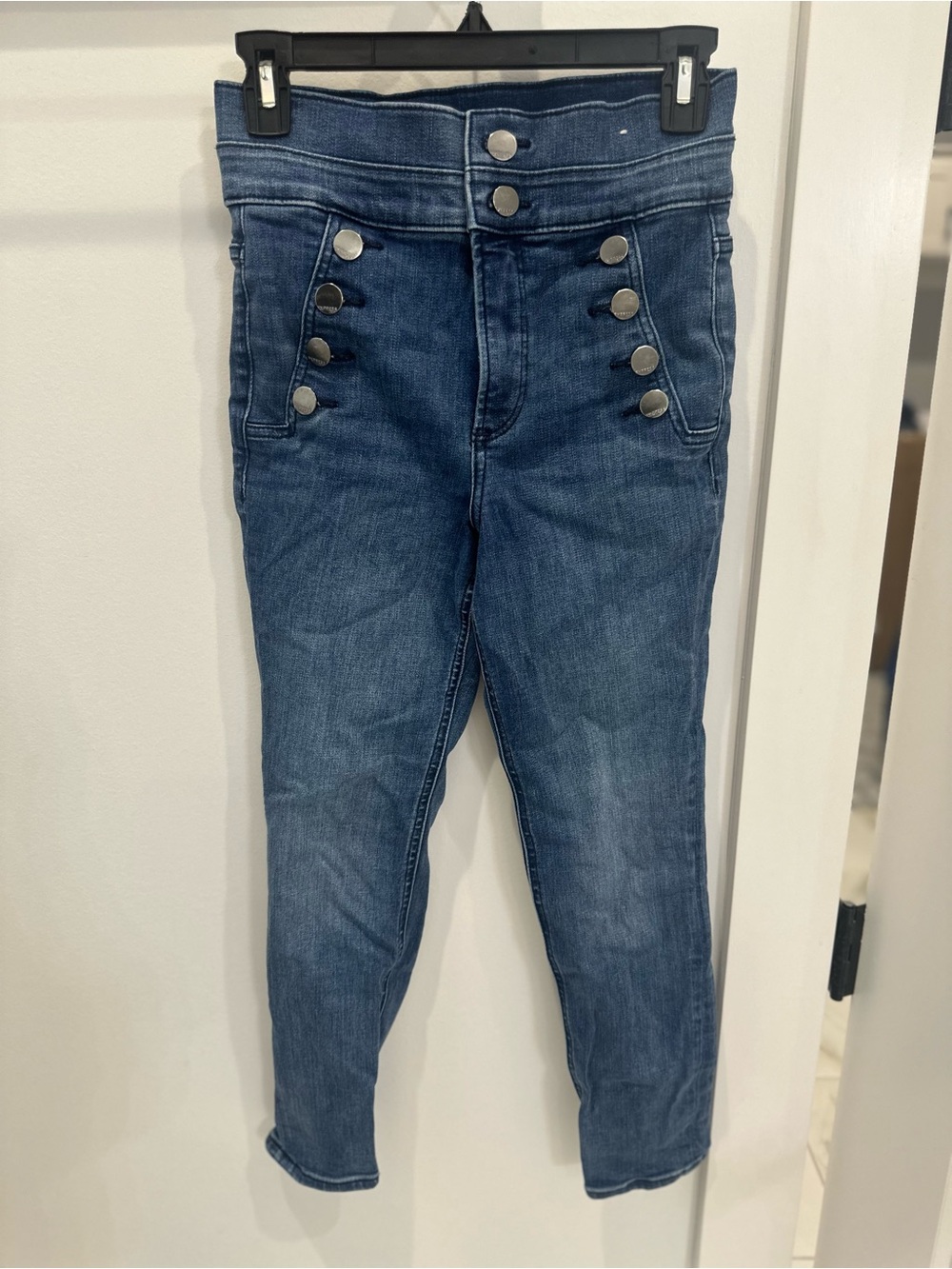 Express Navy Blue High-Rise Ankle Jeans with Decorative Silver Buttons